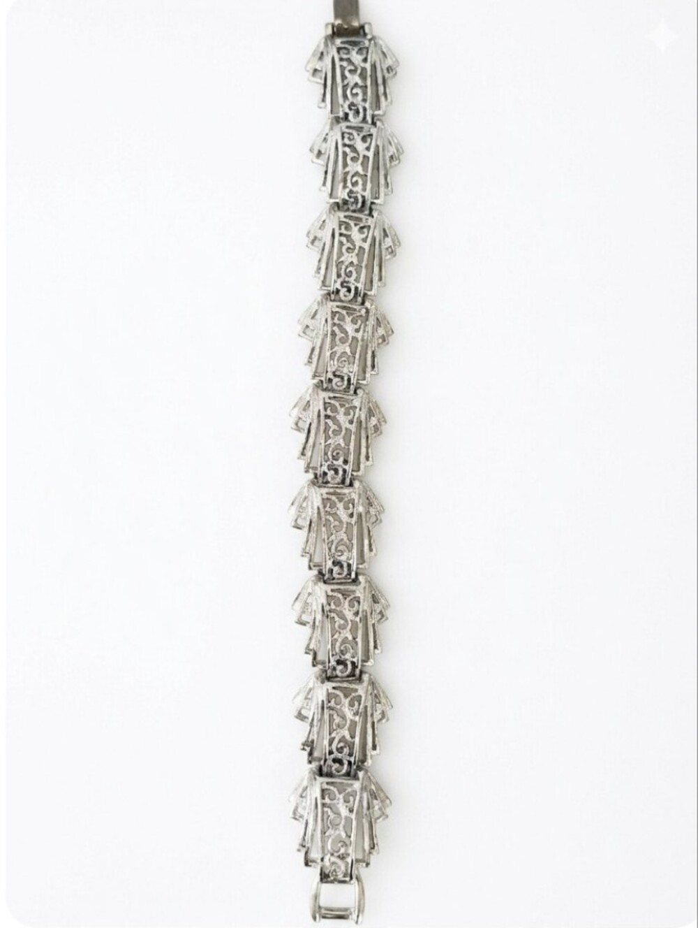 Silver Tone Filigree Link Panel Bracelet With Intricate Open Scrollwork Design